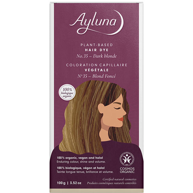 Ayluna Plant Based Hair Dye Dark Blonde No. 35 is in a packet in a box