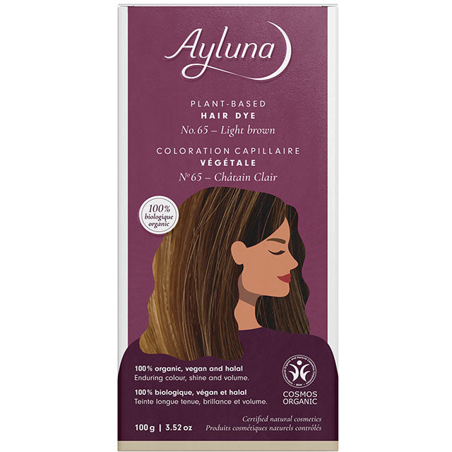 Ayluna Plant Based Hair Dye Light Brown No.65 is in a packet inside the box