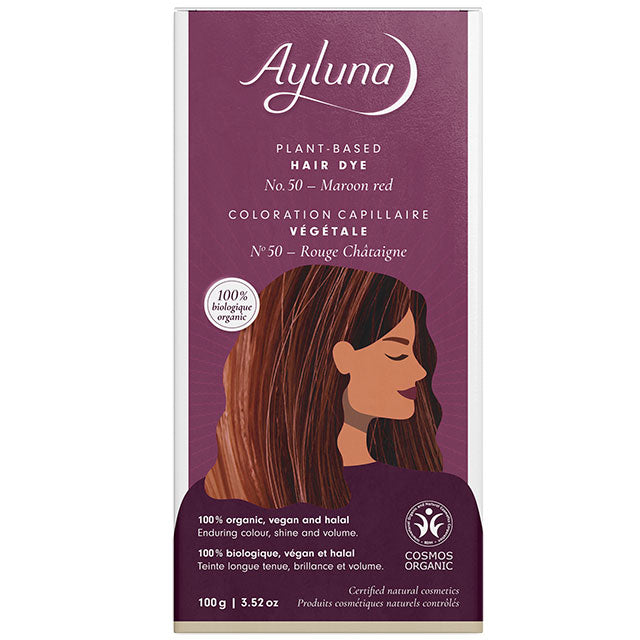 Ayluna Plant Based Hair Dye Marron Red No. 50 is in a packet in the box