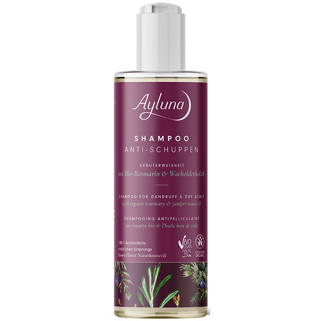 Alyuna Shampoo for Dandruf and Dry Scalp with Organic Rosemary is in a plastic bottle with a push down cap