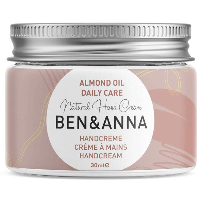 Ben and Ana Almond Oil Daily Care Hand Cream in a glass jar with a pale brown label and screw top lid