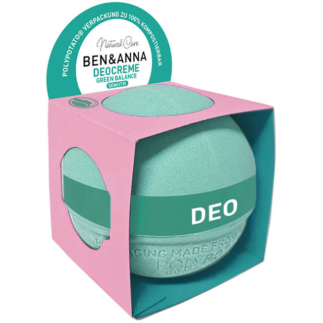 Ben and Anna Deo Cream Green Balance for Sensitive Skin is in a pale green sphere made of potato starch with a light pink cardboard sleeve