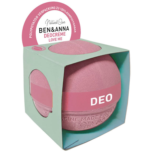 Ben and Anna Deo Cream Love Me in a pink sphere made of potato starch, wrapped in a aqua cardboard sleeve