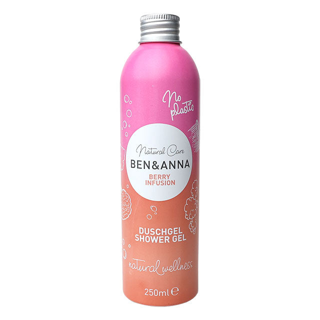 Ben and Anna Natural Care Shower Gel Berry Infusion in a pink and coral coloured bottle with a screw top lid.