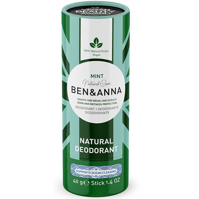 ben and Anna Mint Natural Deodorant Stick in a pale green and dark green cardboard tube