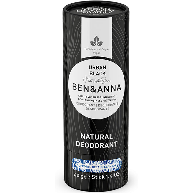 Ben and Anna Urban Black Natural Deodorant in a black cardboard tube