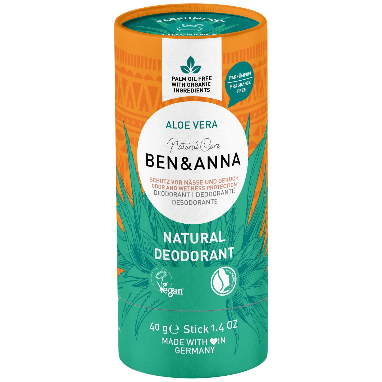 Ben & Anna Aloe Vera Natural Deodorant Fragrance Free in a green and orange tube on a white background