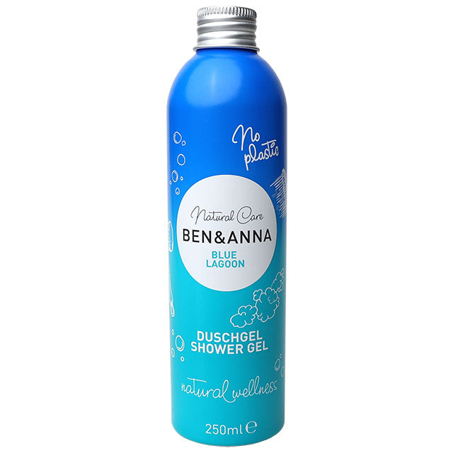 Ben and Anna Natural Care Blue Lagoon Shower Gel in a royal blue and light blue bottle with a screw top lid.