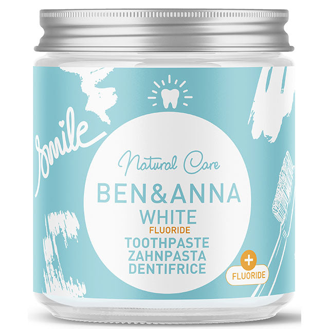 Ben and Anna Natural Toothpaste With Fluoride. Whitening Toothpaste in a glass jar.