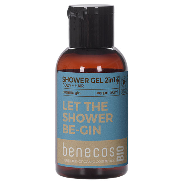 Benecos Bio Shower Gel 2 in 1 For Body and Hair Mini with organic gin - Let the nshower be-gin in a mini nbrown plastic bottle