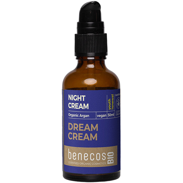 Benecos Bio Night Cream with organic argan oil a youthful renewal in a brown glass bottle