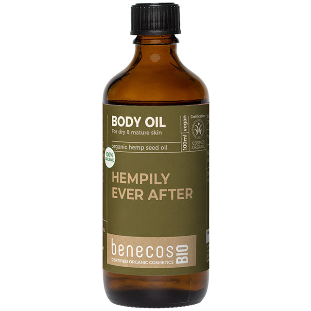 Benecos Bio Body Oil with organic hemp seed oil in a brown glass bottle with a reen label and a screw top lid
