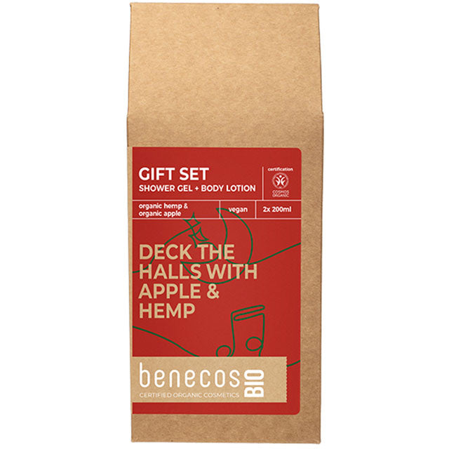Benecos BioDeck The Halls With Apple and Hemp Gift Set with Shower Gel and Body Lotion in a brown gift bag with a drawing of christmas stocking, stars and moon