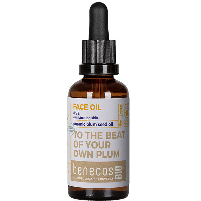 Benecos Bio Face Oil with Organic Plum Seed oil for dry and combination skin. Brown Glass Bottle with a dropper cap