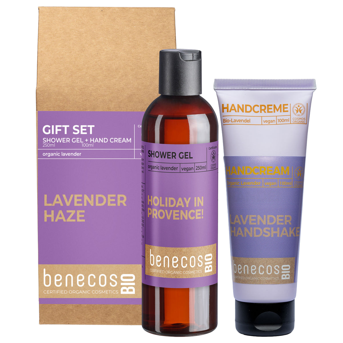 Benecos Bio Lavender Haze Gift Set containing a brown bottle of Organic Lavender Shower Gel, a tube of Organic Lavender Handcrème, and a kraft paper box, all featuring purple and gold labels. on a white background