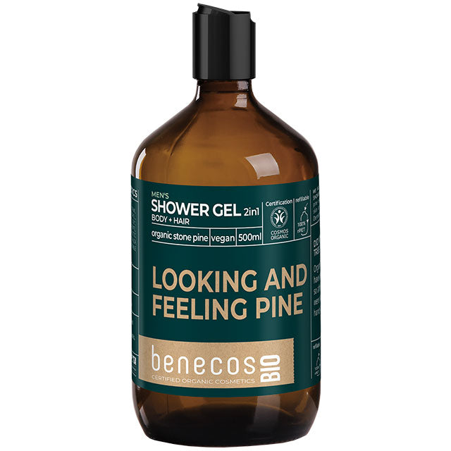 Benecos Bio Men's Shower Gel 2 in 1 for body and hair with organic stone pine. Brown Plastic Bottle