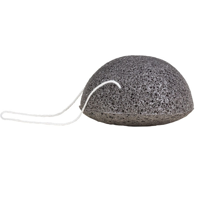 Benecos Konjac Sponge Black Bamboo Charcoal with string on a white background.