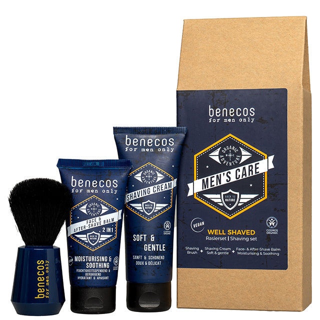 Benecos Mens Well Shaved Gift Set in a brown envelope style box with Shaving Cream, 2 in 1 Face and After Shave Balm and Shaving Brush, displayed on a white background