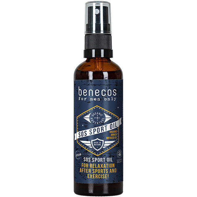 Benecos For Men OPnly SOS Sport OIl infused with Arnica in a glass brown bottle with a spray top
