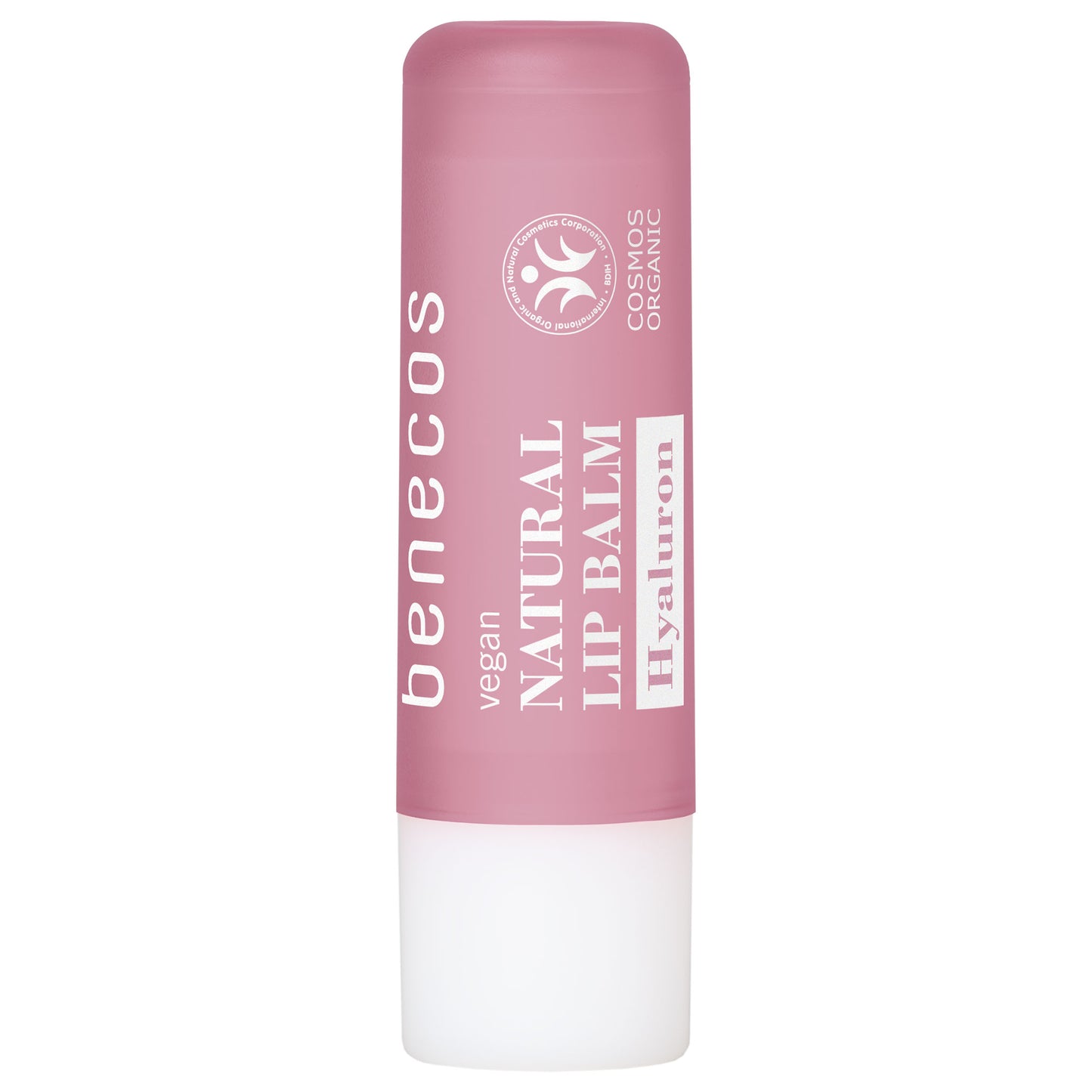 Benecos Natural Lip Balm Hyaluron is in a pink and white lipstick case on a white background