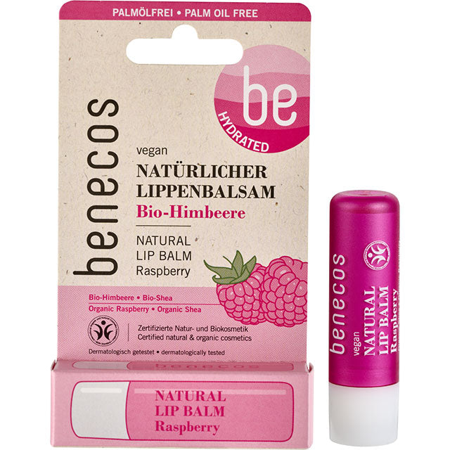 Benecos Natural Lip Balm Raspberry with organic shea and organic raspberry. The lip balm is in a stick then wrapped in a blister pack