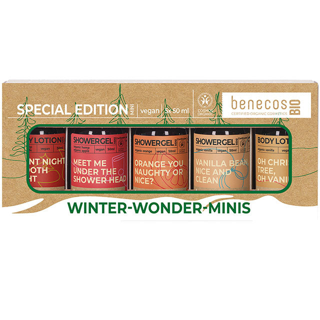 Benecos Special Edition Winter Wonder Minis in a box showing 3 shower gels, 2 body lotions on a white background