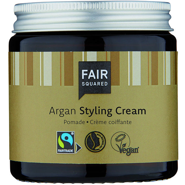 Fair Squared Argan Styling Cream is in a brown jar with a screw top lid