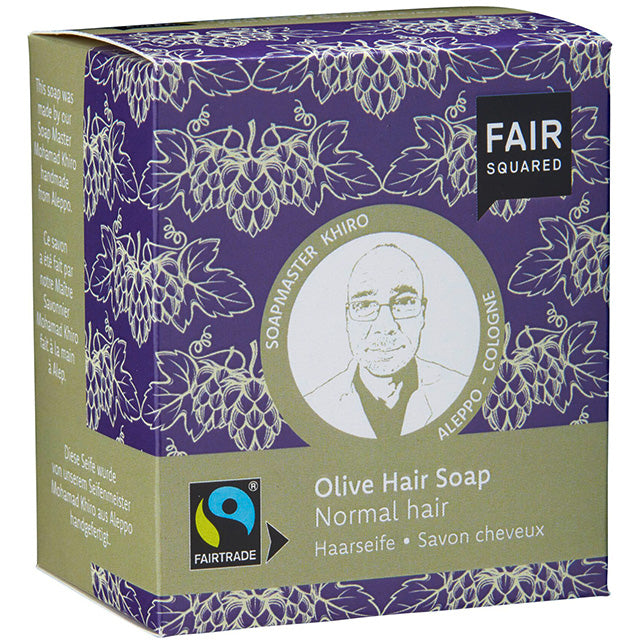 Fair Suared Olive Hair Soap for Normal Hair. 2 x 80g and a cotton bag is in the cardboard box