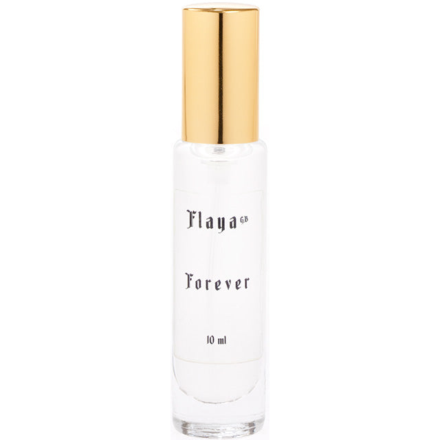 Flaya Eau-de-Parfume Forever 10ml in a clear glass spray bottle with a gold coloured lid.