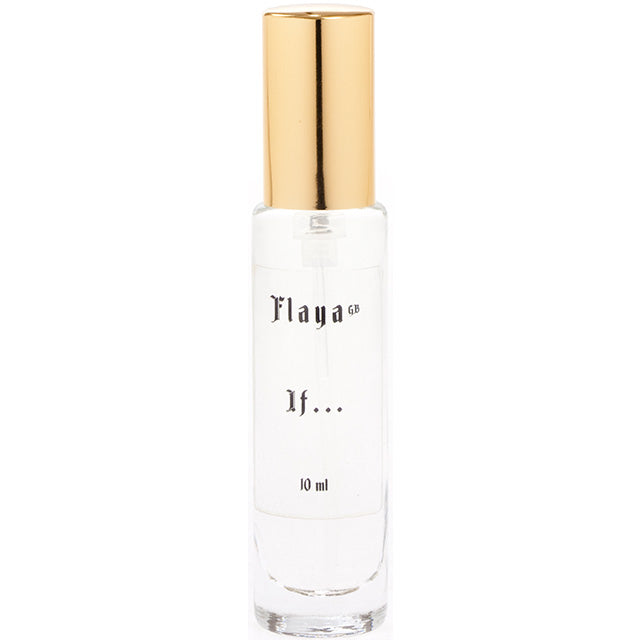 Flaya Eau De Parfume If.... 10ml is in a slimline clear glass spray bottle with a gold coloured lid.