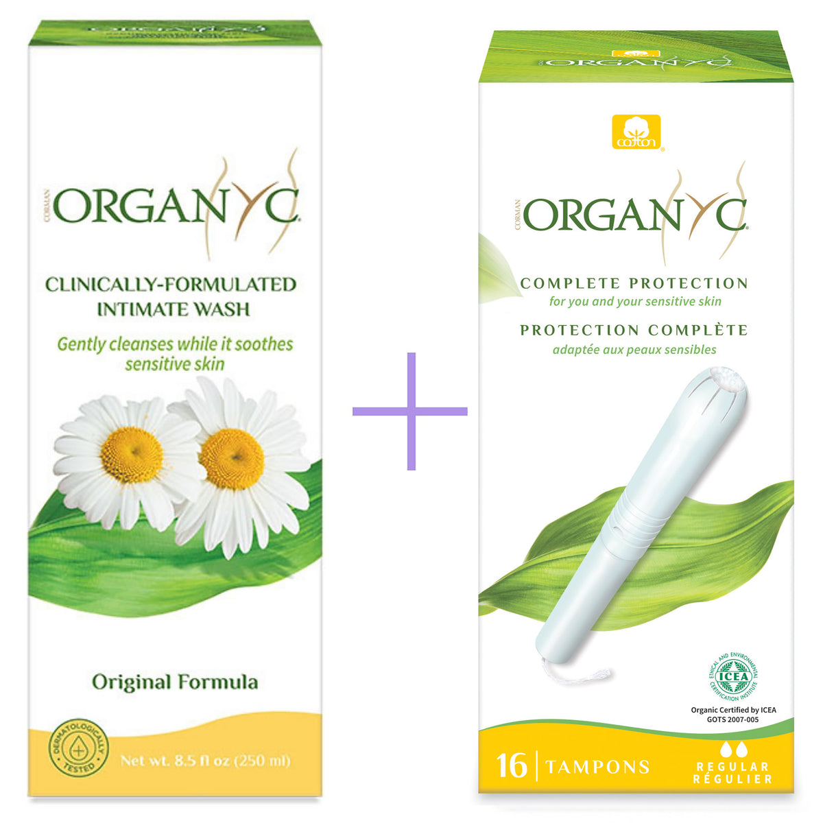 Organyc Fresh Up & Go Set are two boxes one Organyc Intimate Wash Chamomile and the other is Organyc Applicator Tampons Regular on a white background