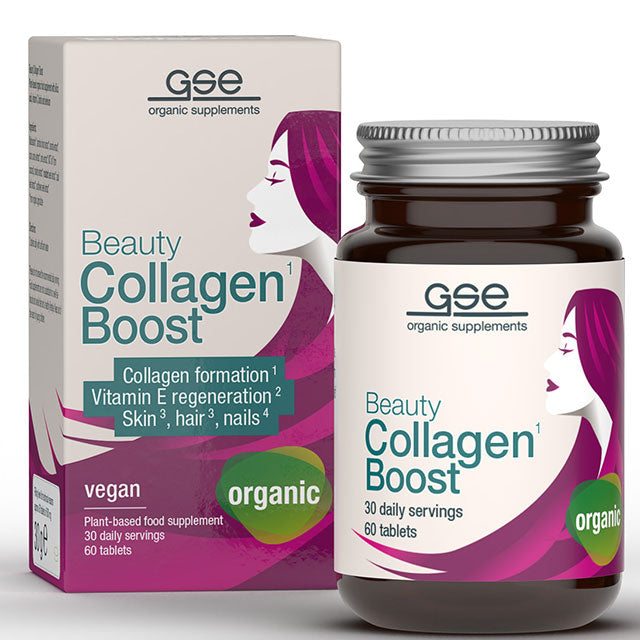 GSE Organic Supplement Beauty Collagen Boost. 60 tablets in a brown glass jar with a screw top lid in a cardboard box.