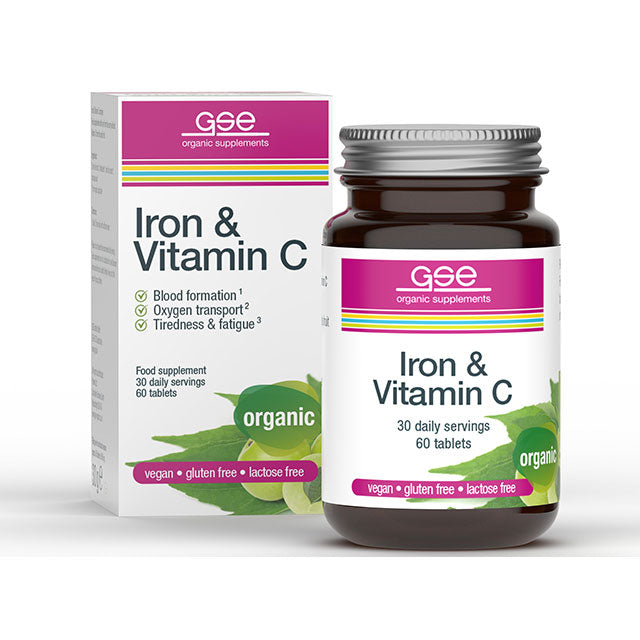 GSE Organic Supplements Iron and Vitamin C. In a brown glass jar in a box.