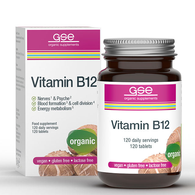 GSE Organic Supplements Vitamin B12. The tablets are in a brown glass jar with a screw top lid in a box.