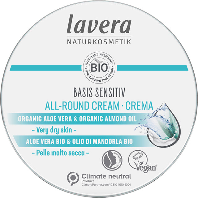 Lavera Bais Sensitive All Round Cream for very dry skin with Organic Aloe Vera and Organic Almond Oil in a tin