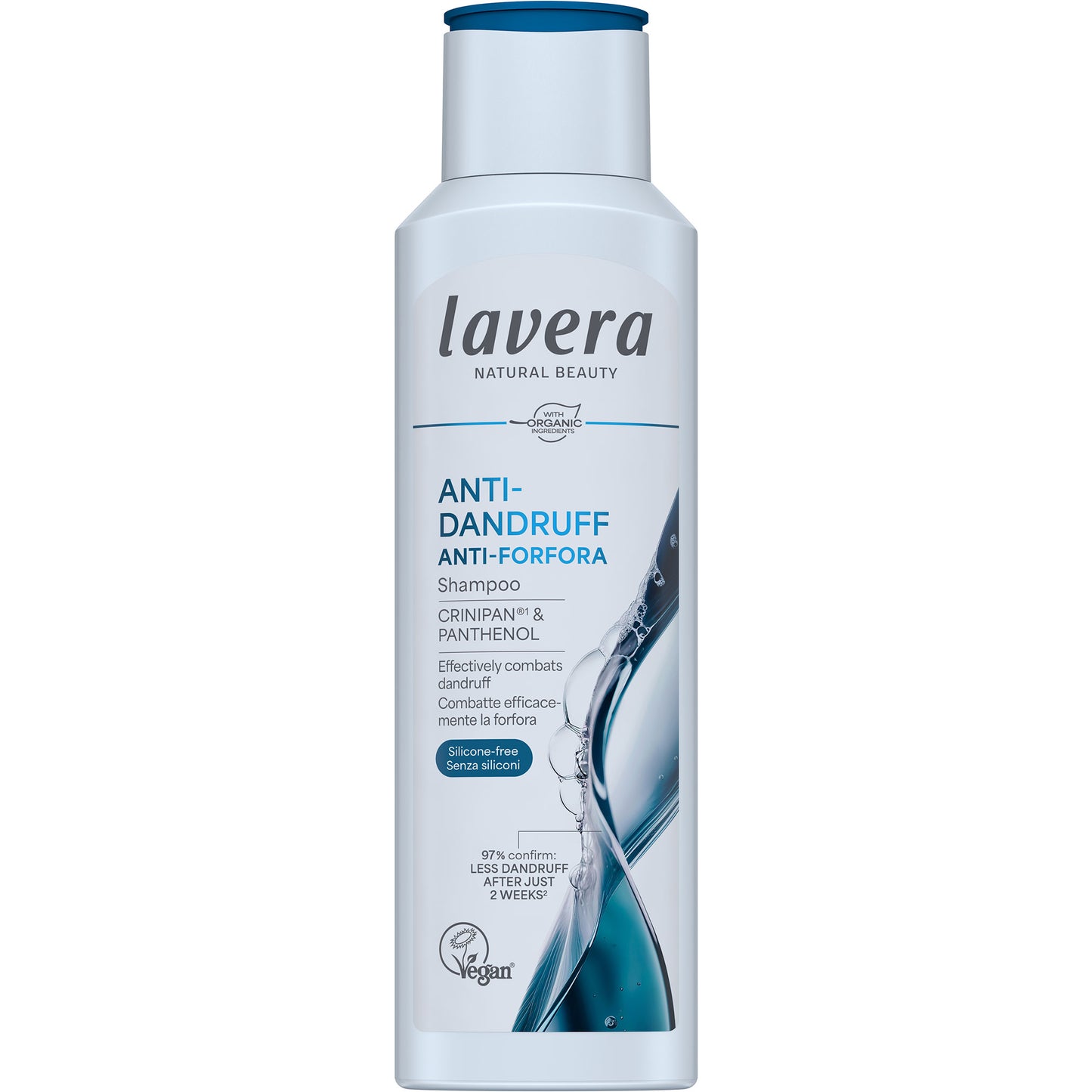 lavera Anti Dandruff Shampoo is in a light blue squeezy plastic bottle wioth a dark blue filp top lid on a whiate background.