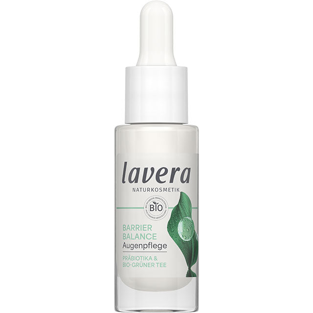 Lavera Barrier Balance Eye Cream with prebiotics and organic green tea in a recycled galss bottle made from 20% used glass with a dropper lid