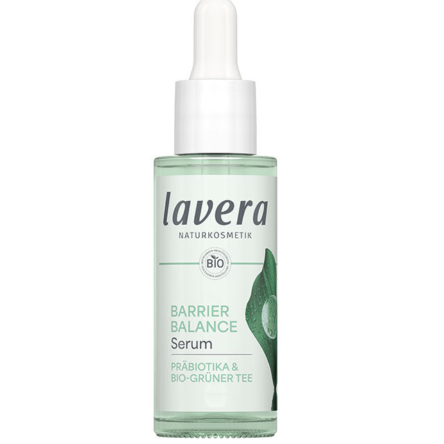 Lavera Barrier Balance Serum with prebiotics and organic green tea in a glass bottle with a dropper lid The glass bottle is made with a minium of 20% used glass
