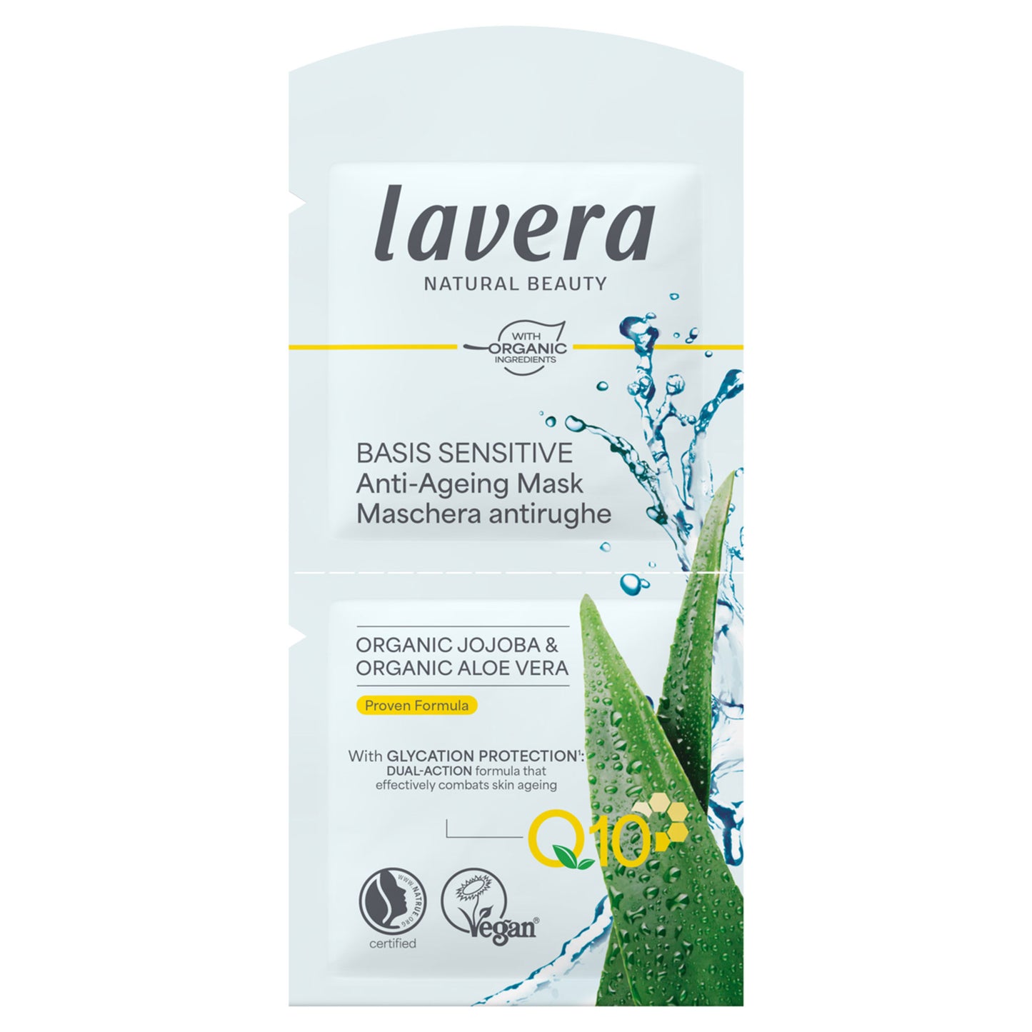 Lavera Basis Sensitive Anti-Ageing Mask is in a sachet on a white background