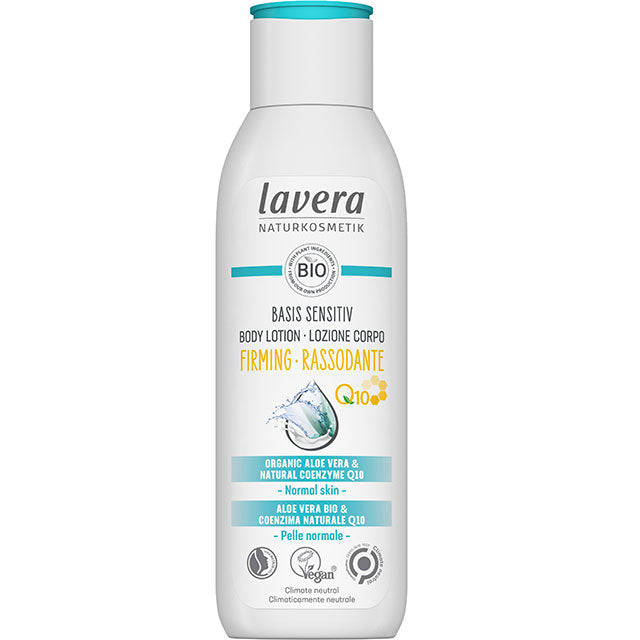 lavera Basis Sensitiv Firming Body Lotion with organic aoe vera and natural coenzyme Q10 for normal skin is in a whitle bottle with and blue label and blue flip top.