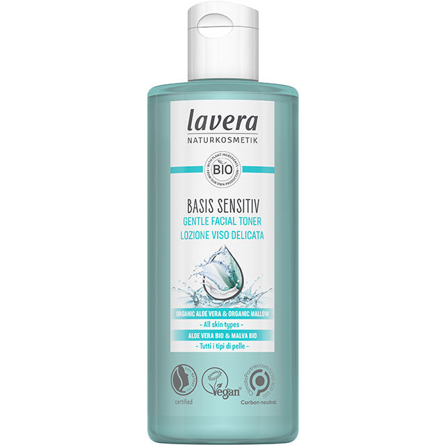 Lavera Basis Sensitive Facial Toner with organic aloe vera and organic mallow. Suitable for all skin types. Bottle made from recycled materials