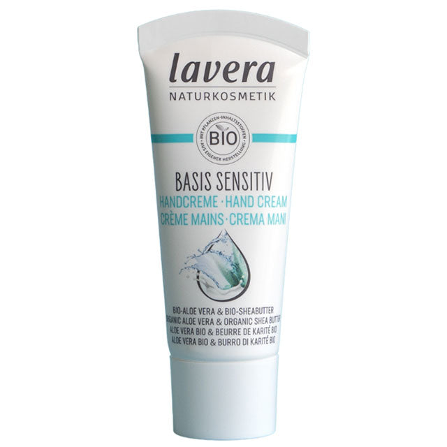 lavera Basis Sensitive Hand Cream with Organic Aloe Vera and Organic Shea Butter in a travel size white tube