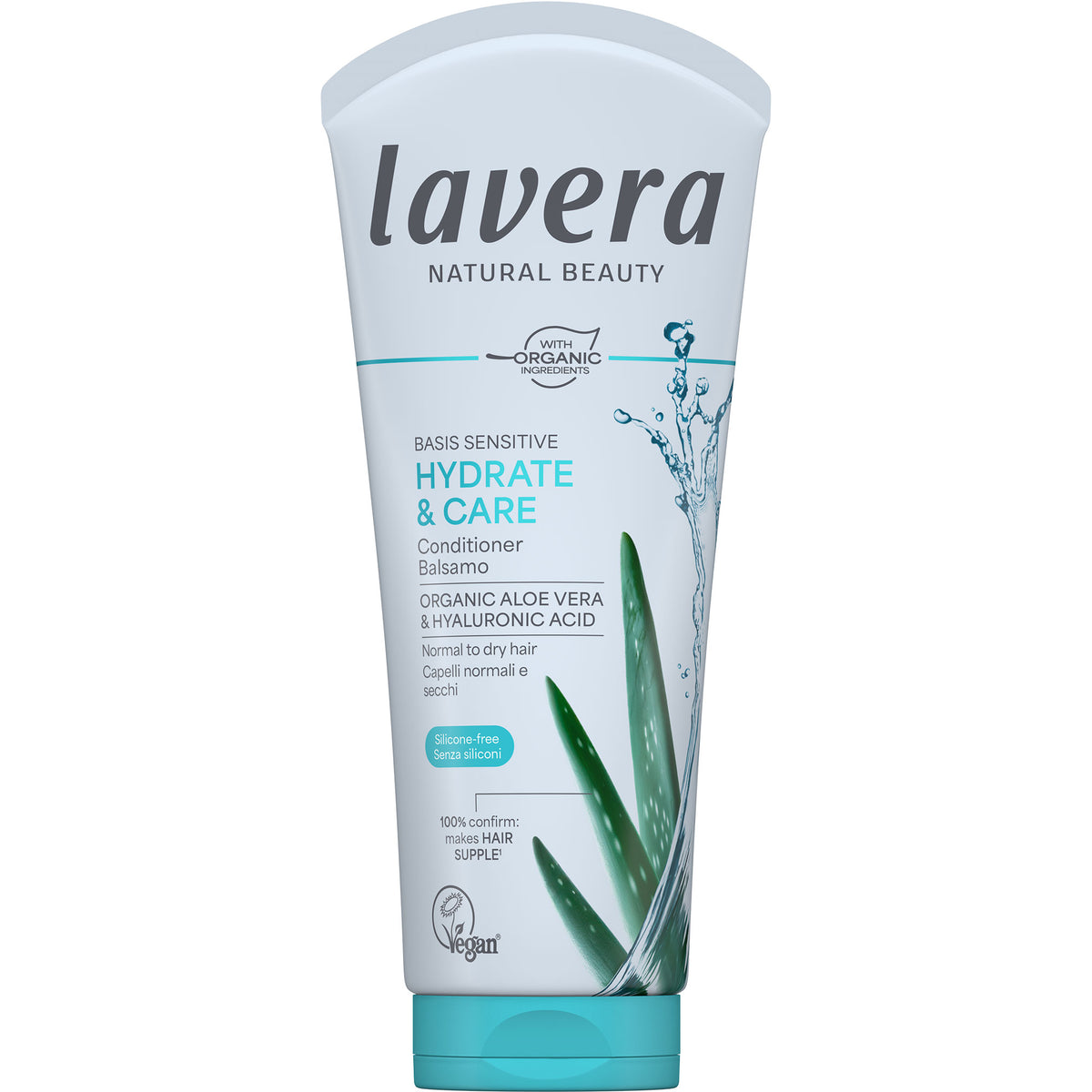 Lavera Basis Sensitive Hydrate & Care Conditioner is in an easy to use white squeezy tube with a blue flip top lid, with an image of aloe vera plant. On a white background.