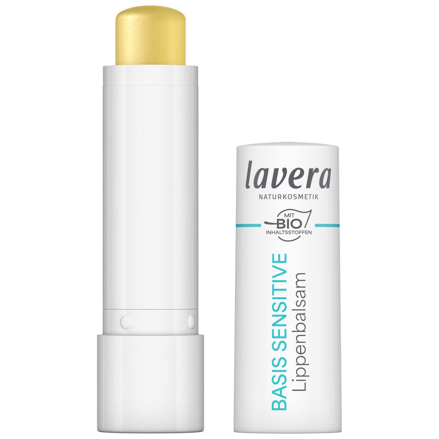 Lavera Basis ensitive Lip Balm in a white lipstick case on a white background