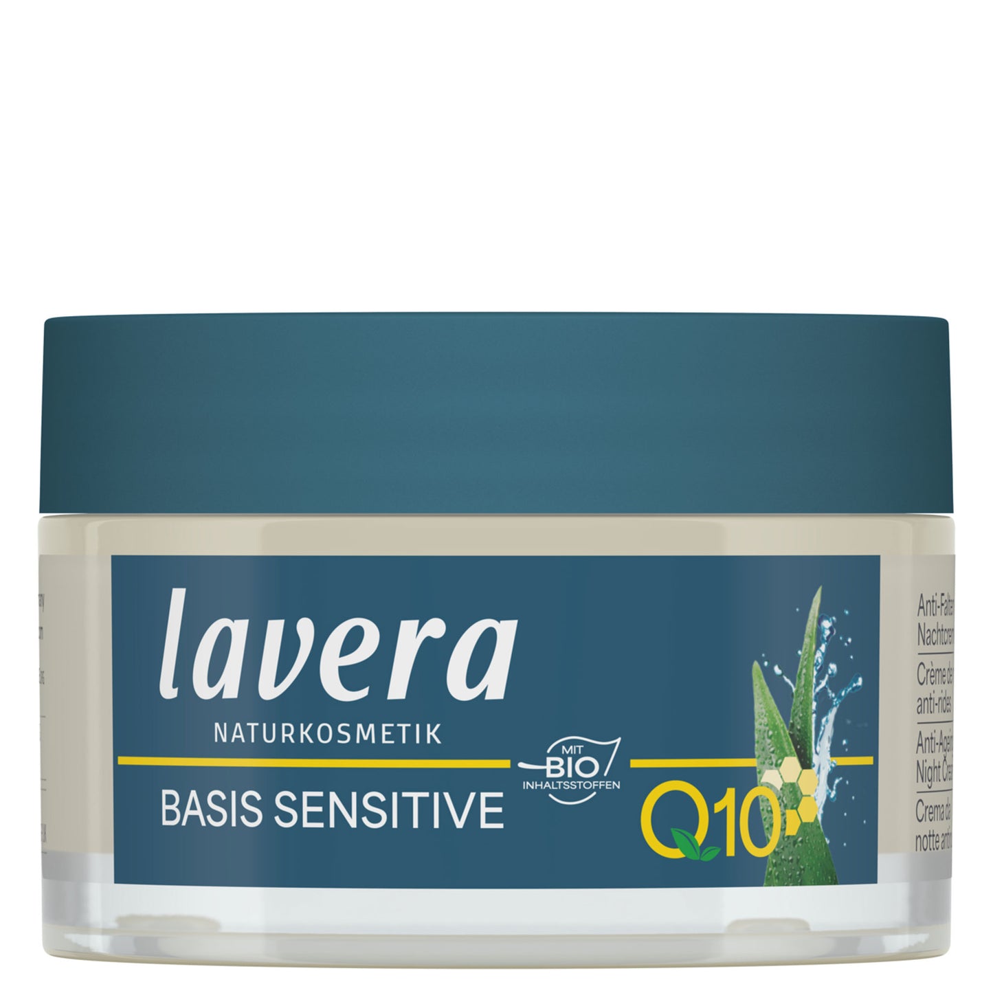 Lavera Basis Sensitive Night Cream 10 Anti-ageing is in a jar on a white background