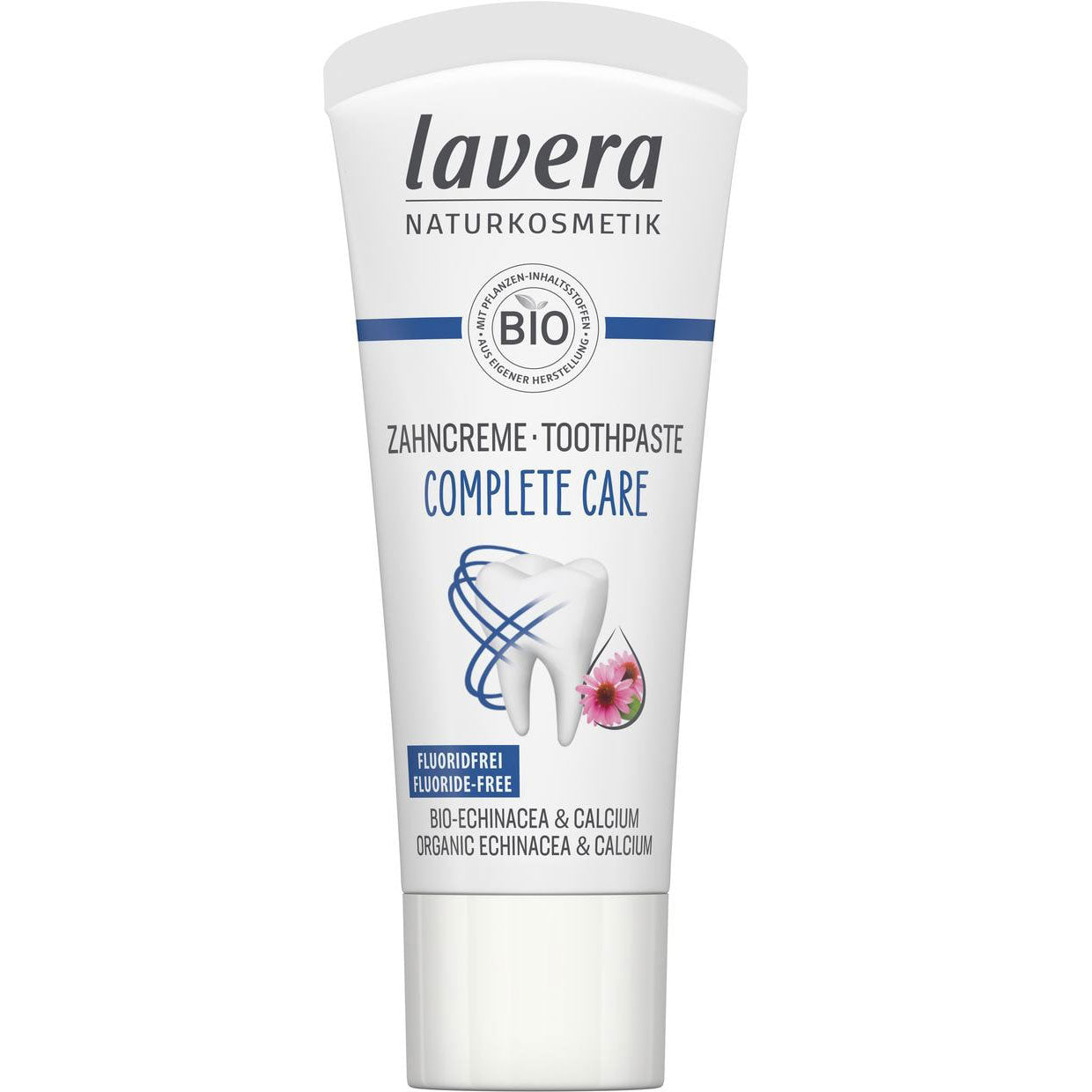 Lavera Complete Care Toothpaste Fluoride Free Mini in a white tube on a white background