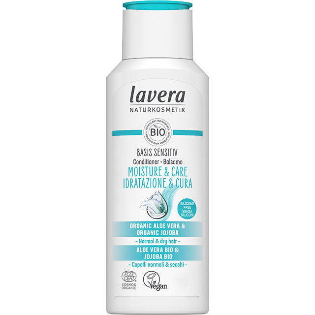 Lavera Basis Sensitive Moisture and Care Conditioner with organic jojoba and organic aloe vera is in a white plastic bottle with a light blue flip top lid.
