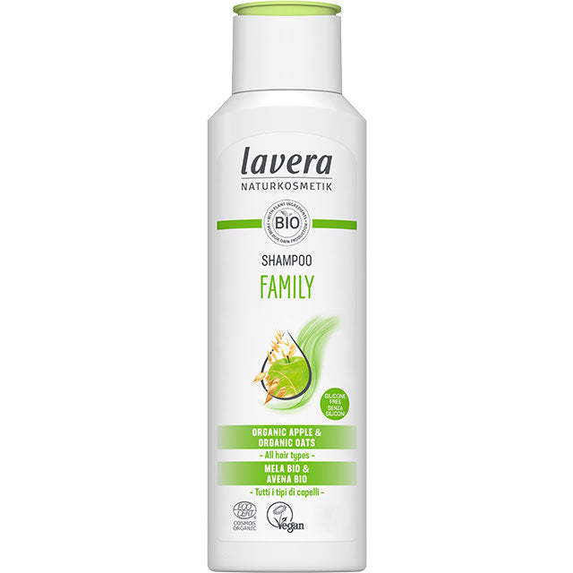 lavera Family Shampoo for all hair types with organic apple and organic oats in a 100% recycled bottle with a flip top cap.