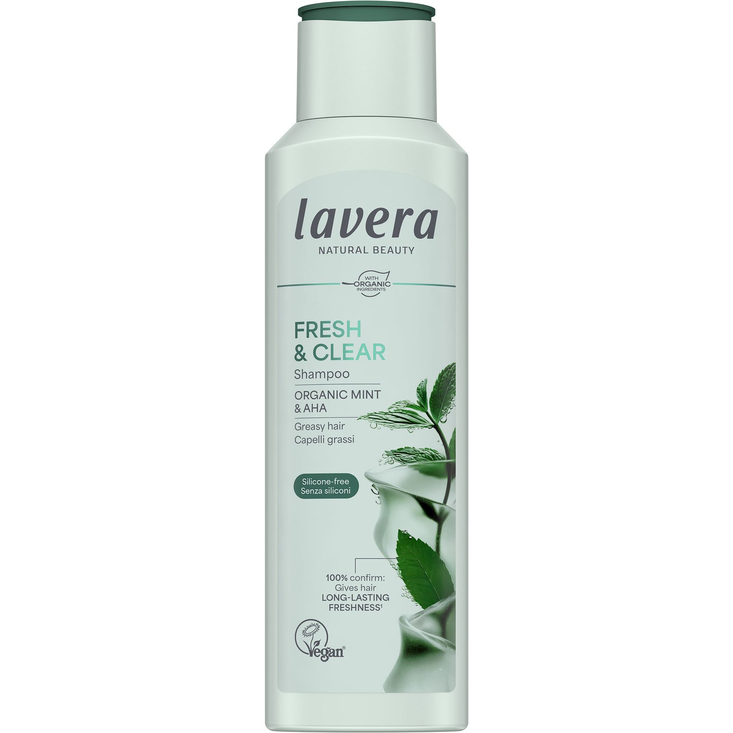 Lavera Fresh & Clear Shampoo with organic mint for greasy hair is in a light green plastic bottle showing mint leaves, with a flip top lid on a white background