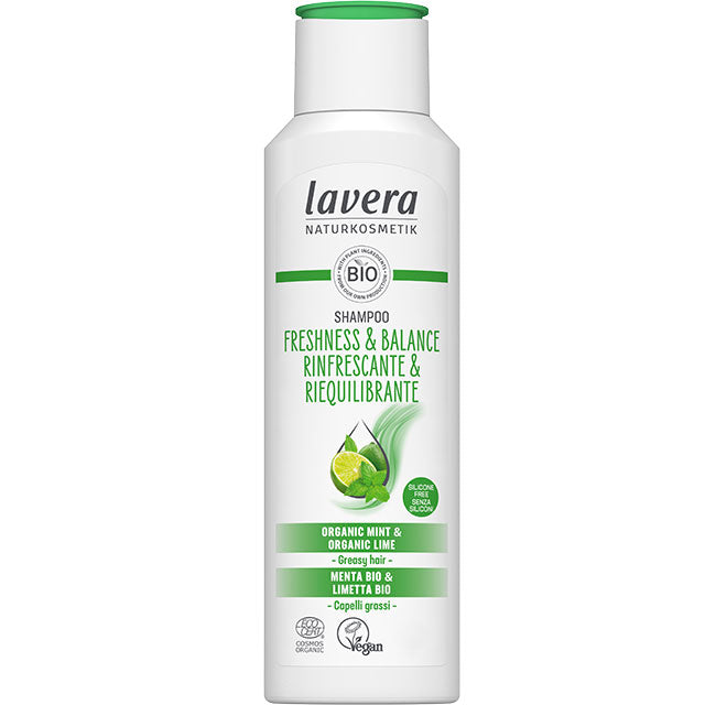 Lavera Freshness and Balance Shampoo with organic mint and organic lime for greasy hair is in a 100% recycled plastic bottle with a slip top cap.